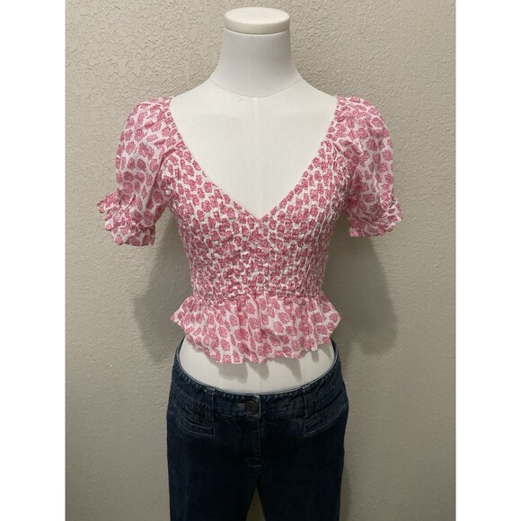 Billabong Tops - Billabong, Women’s, Pink, Balloon Sleeve, Deep V-Neck, Cropped Blouse, Size: S